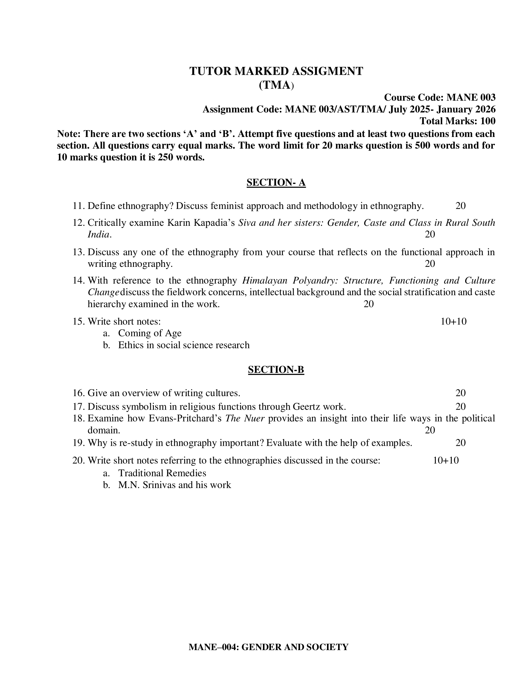 MANE-003 2025-26 KUNJ PUBLICATION-01